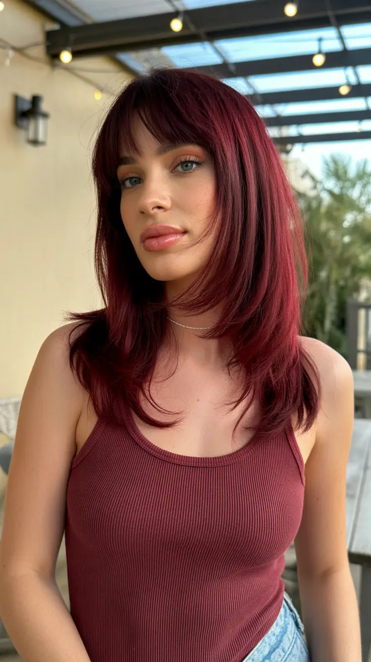 summer hair color ideas 2026 trendy Deep Cherry Layers With Soft Summer Fringe