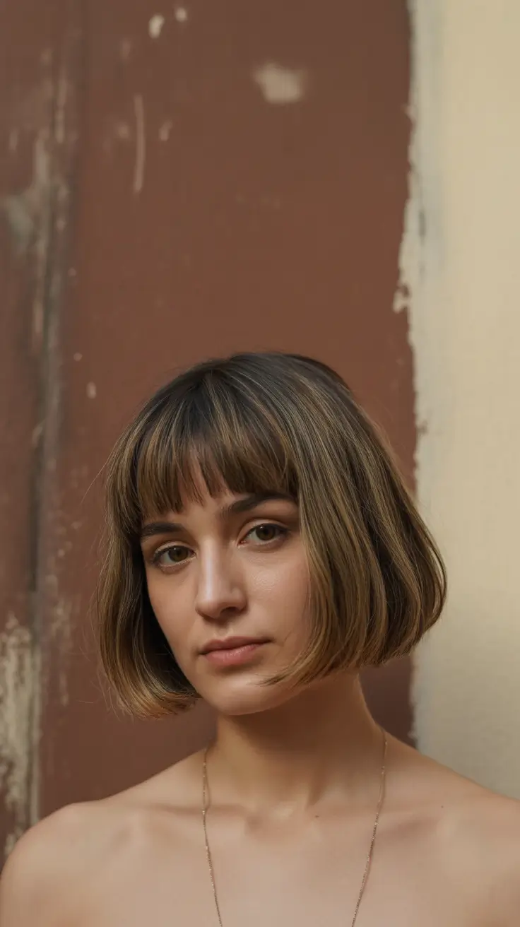 summer hair color ideas 2026 trendy Graphic Micro Bob With Smoky Brunette Blend