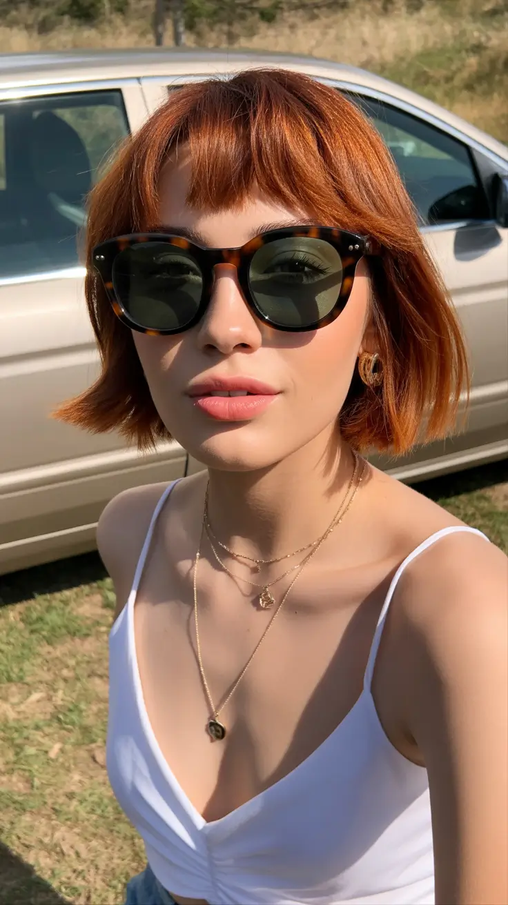 summer hair color ideas 2026 trendy Sunlit Copper Crop With Retro Summer Edge