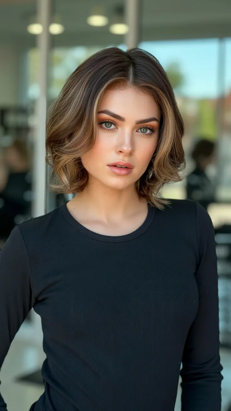 summer hair color ideas for brunettes 2026 trendy Modern Short Bob With Dimensional Blonde Balayage