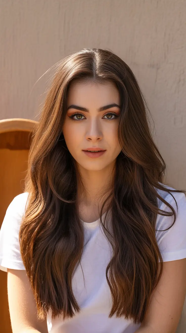 summer hair color ideas for brunettes 2026 trendy Rich Brunette Lengths With Warm Sunlit Highlights