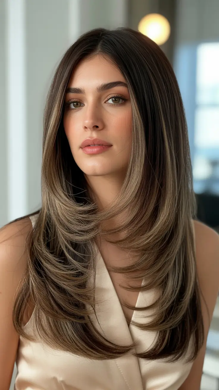 summer hair color ideas for brunettes 2026 trendy Silky Layered Brunette With Blonde Balayage Movement