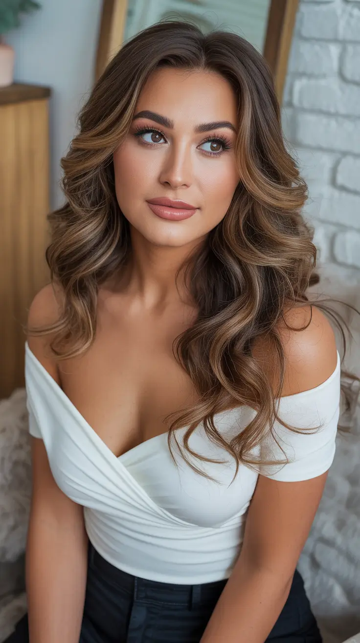 summer hair color ideas for brunettes 2026 trendy Voluminous Caramel Brunette Waves With Luminous Balayage
