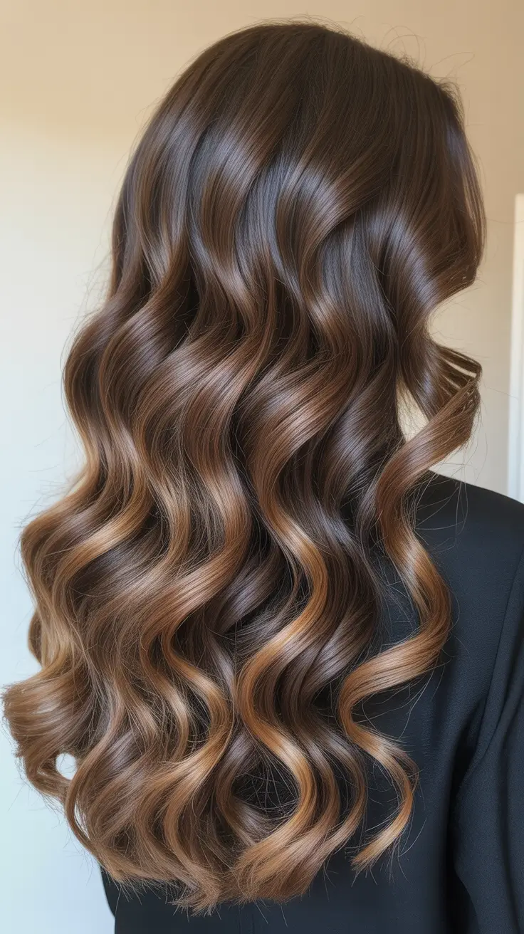 summer hair color ideas for brunettes 2026 trendy Rich Espresso Waves With Golden Ombre Glow
