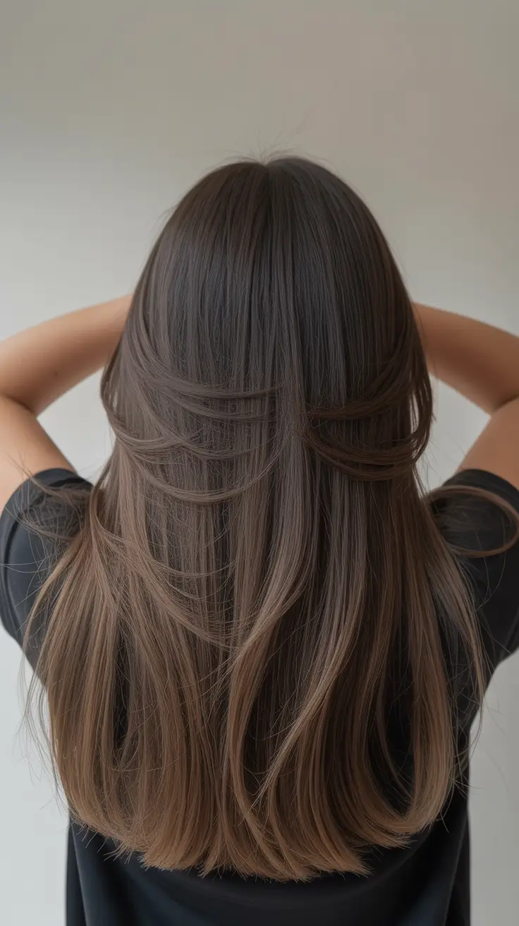 summer hair color ideas for brunettes 2026 trendy Velvety Cool Brunette With Seamless Neutral Dimension