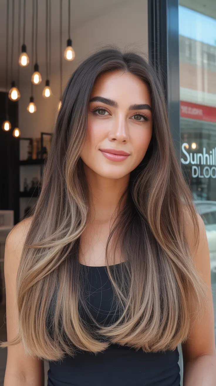 summer hair color ideas for brunettes 2026 trendy Sunlit Lengths With Airy Blonde Gradient