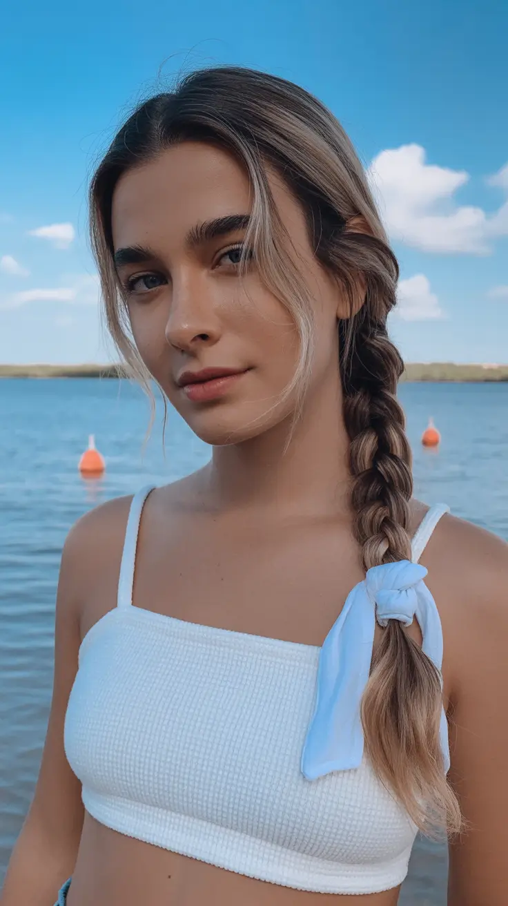 summer hairstyles for swimming Loose Side Braid with Ribbon That Adds a Soft Statement