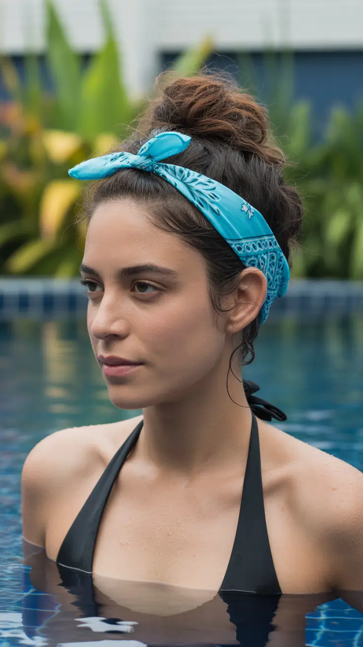 summer hairstyles for swimming Bandana Updo That Handles Heat and Water Like a Pro
