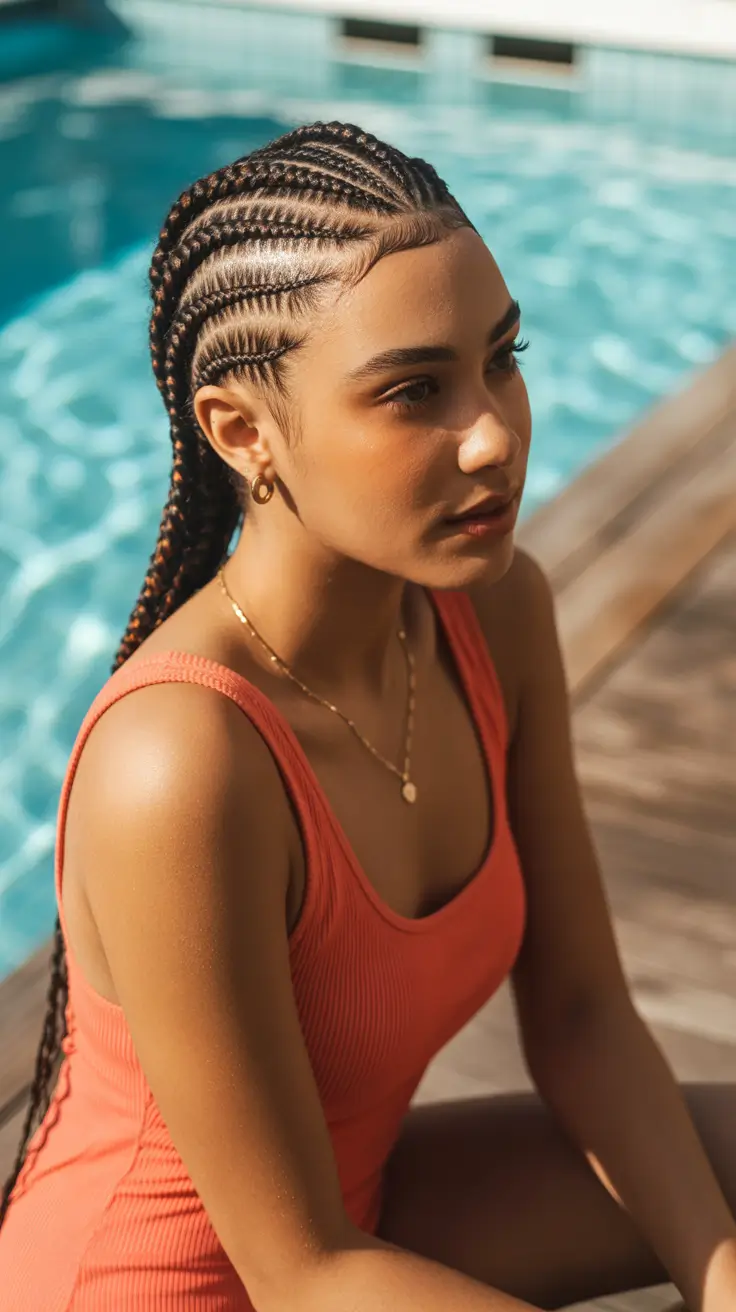 summer hairstyles for swimming Sleek Cornrow Braids Built for All-Day Swimming