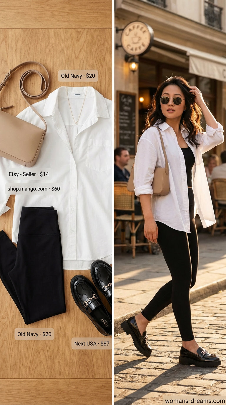 Chic athleisure brunch date outfit with black full-length leggings, an oversized white button-down shirt, and platform loafers. Modern summer legging outfits 2026 styling.