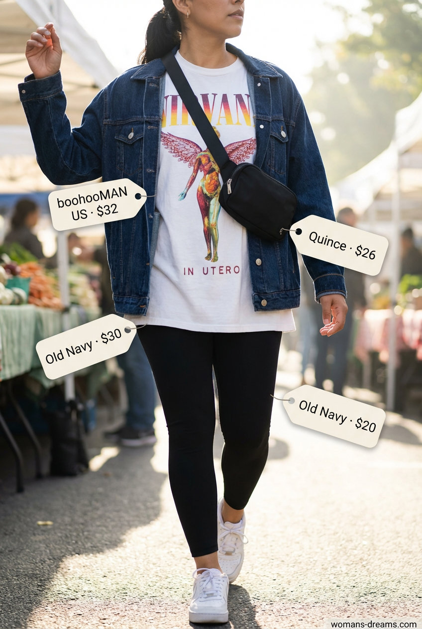 Urban athleisure summer legging outfits 2026: Black compression leggings, a white graphic tee, an oversized denim jacket, chunky sneakers, and a belt bag.