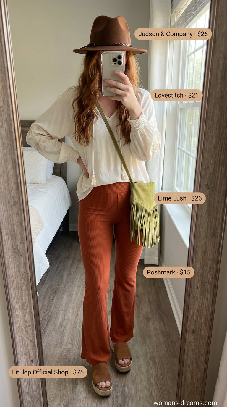 Boho festival summer legging outfits 2026: Rust orange flared leggings with a cream embroidered peasant blouse, brown suede sandals, and a wide-brim hat for a free-spirited look.