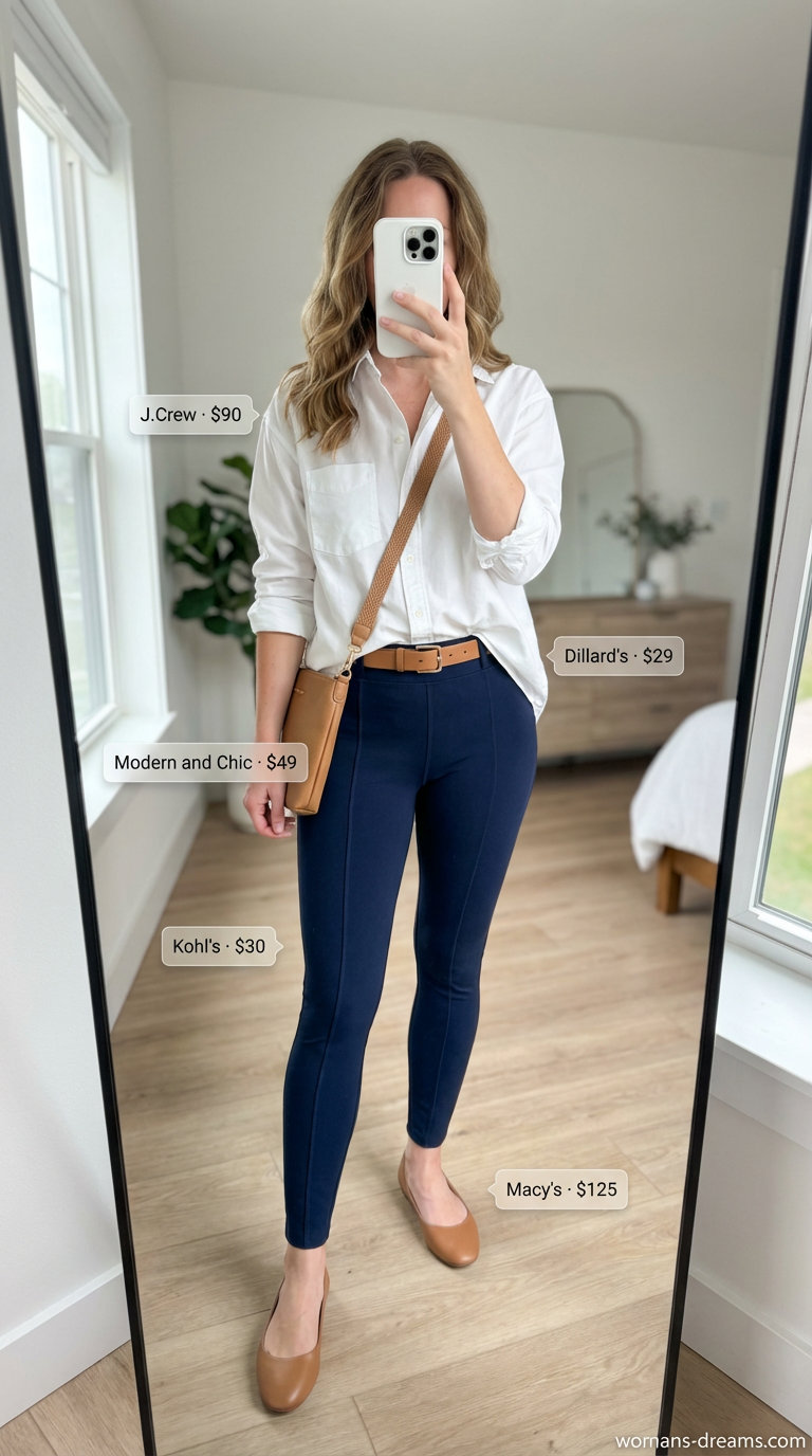 Chic brunch summer legging outfits 2026: Navy blue ponte knit leggings, an oversized white button-down, tan ballet flats, and a matching belt for a modern look.