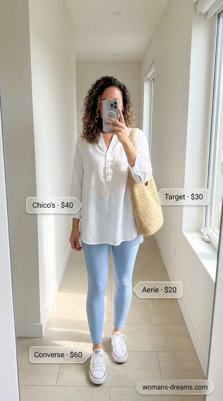 Relaxed coastal summer legging outfits 2026: Light blue seamless ribbed leggings, a white linen tunic, canvas sneakers, and a straw tote for a serene vibe.