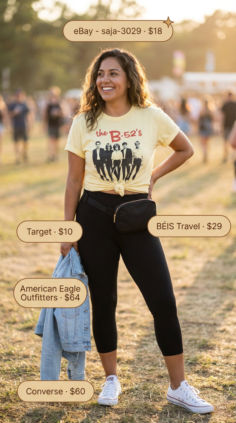 Energetic summer festival ready outfit featuring black capri leggings, a bright yellow graphic t-shirt, and a light wash denim jacket. Playful summer legging outfits 2026 for outdoor events.