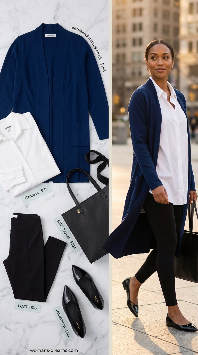 Professional summer legging outfits 2026: Black ponte leggings, a white button-down, navy longline cardigan, and black ballet flats for office comfort.
