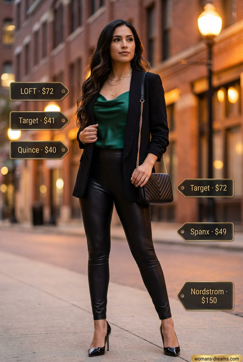 Glamorous summer legging outfits 2026: Black faux leather leggings, an emerald green satin camisole, a black blazer, and gold necklaces for a date night.