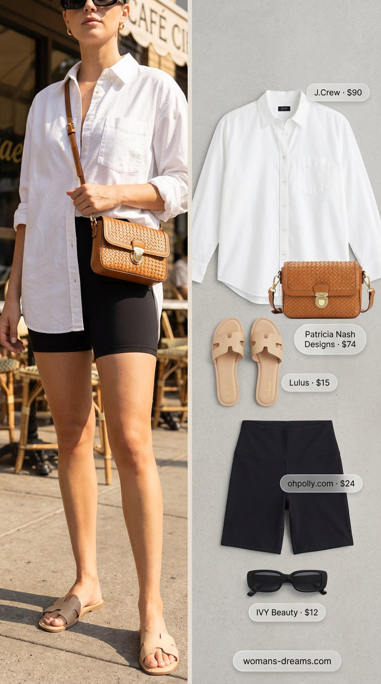 Effortless sporty chic brunch outfit featuring black biker shorts, an oversized white button-down shirt, and flat slide sandals. A trendy take on summer legging outfits 2026 (biker shorts variation).