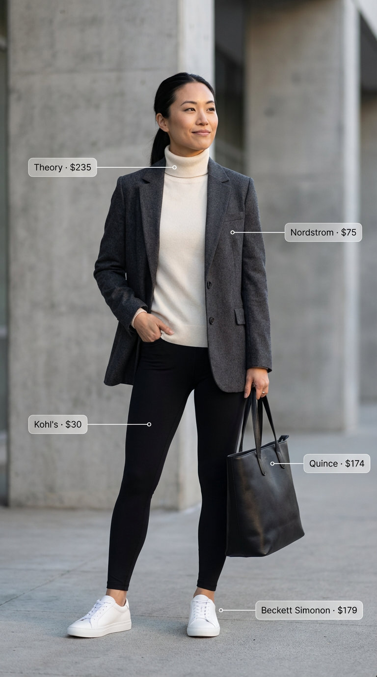 Sophisticated sporty chic outfit featuring black ponte knit leggings, a charcoal gray blazer, and cream turtleneck. Perfect for business casual or lunch meetings, showcasing elegant summer legging outfits 2026 styling.