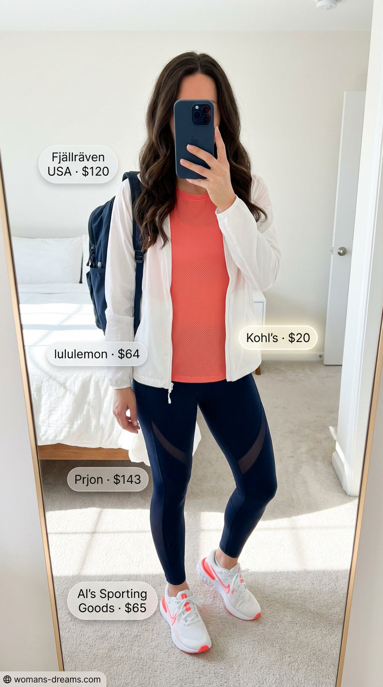 Dynamic sporty city explorer outfit with navy performance leggings, a coral mesh top, and a white windbreaker. Ideal for adventurous summer legging outfits 2026.