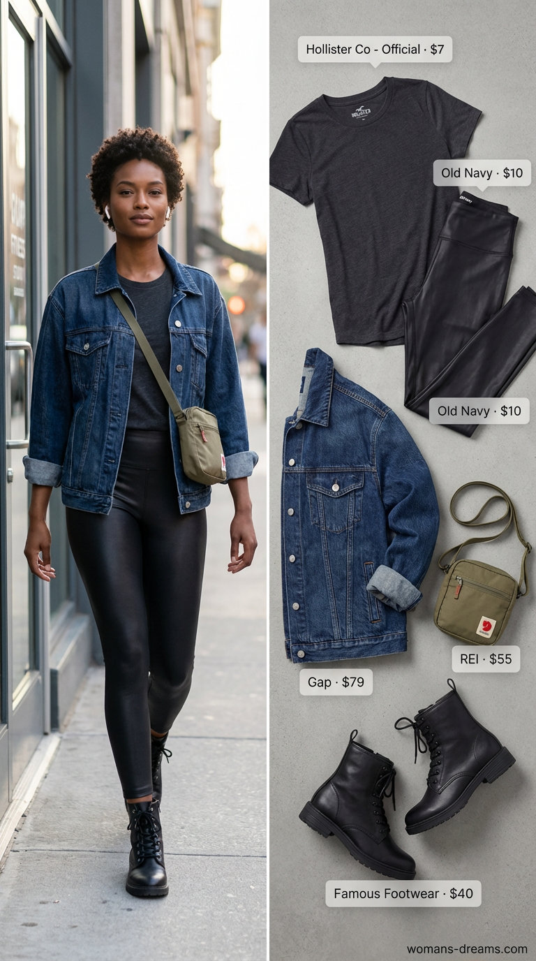 Edgy urban explorer outfit featuring black faux leather leggings, an oversized dark wash denim jacket, and combat boots. A stylish example of summer legging outfits 2026 street style.