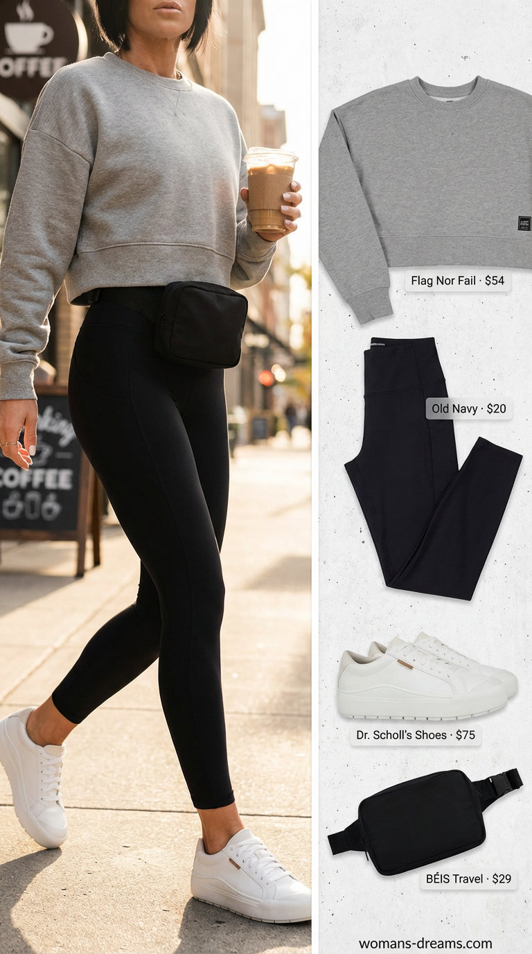 Sporty athleisure summer legging outfit featuring high-waisted athletic leggings, an oversized grey crewneck, and white sneakers.