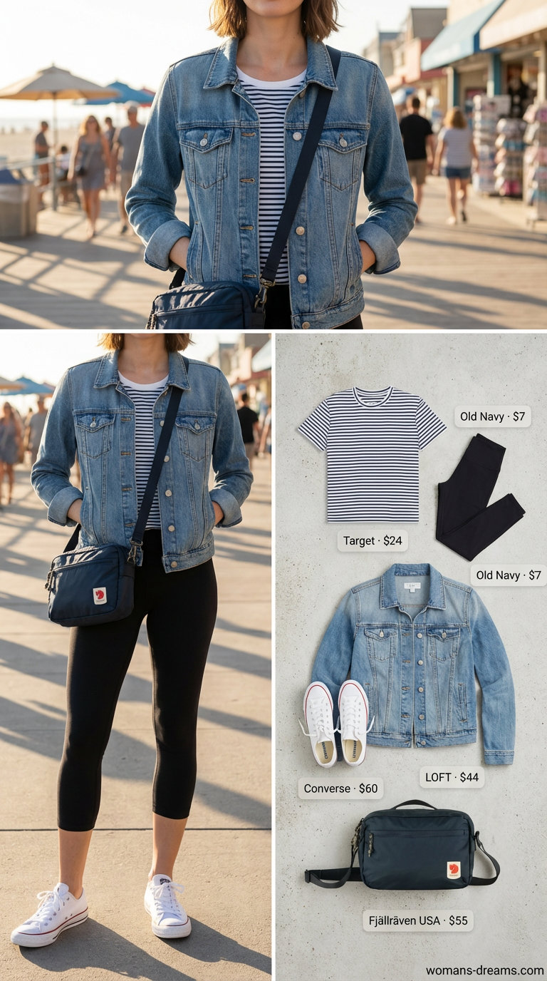 Classic casual summer legging outfit with black cropped leggings, a striped t-shirt, light wash denim jacket, and white canvas sneakers.