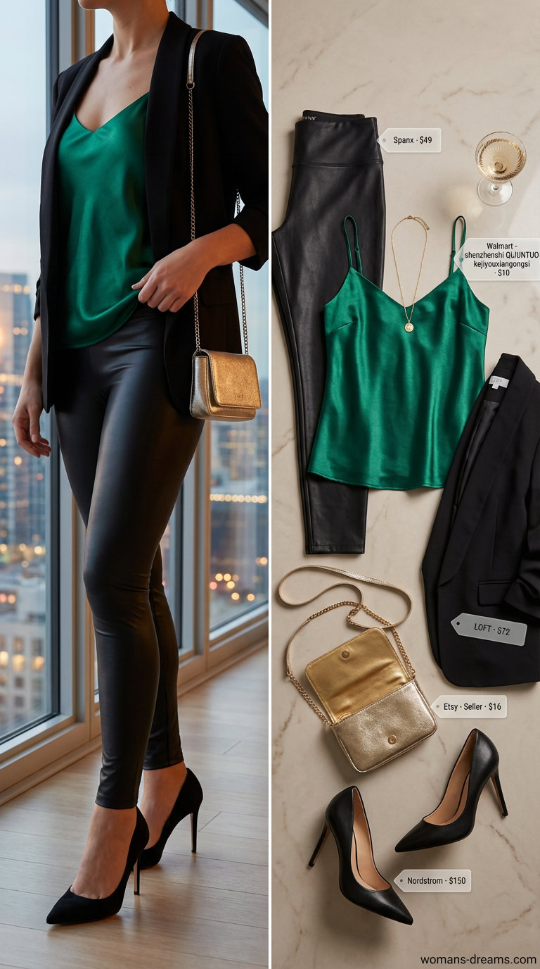 Chic black faux leather high-waisted leggings paired with an emerald green satin camisole and black oversized blazer, perfect for summer legging outfits.