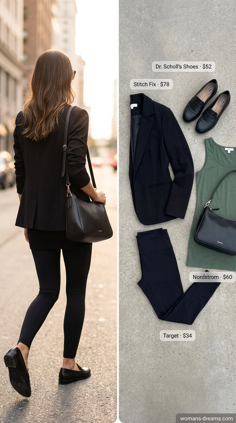 Monochrome all-black outfit with seamless high-waisted leggings, a longline tank, tailored blazer, and loafers, a chic summer legging outfit.