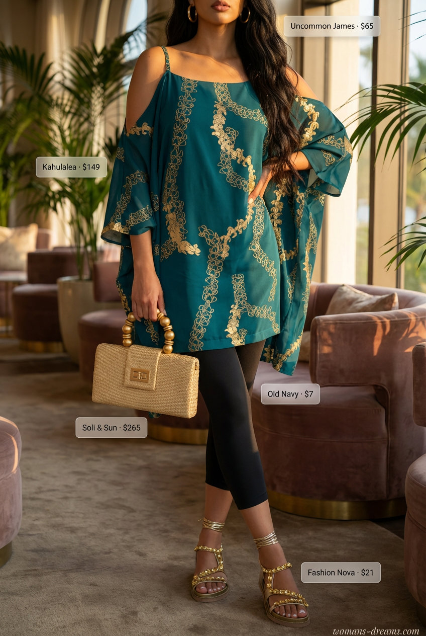 Relaxed resort evening look with black cropped leggings, a flowy teal silk kaftan, and gold accessories, a perfect summer legging outfit.
