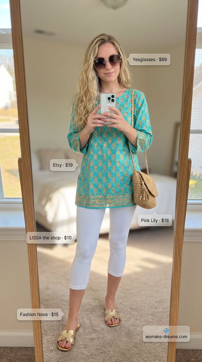 Vibrant resort lounge summer legging outfit featuring white capri leggings, a turquoise printed tunic, and embellished flat sandals.