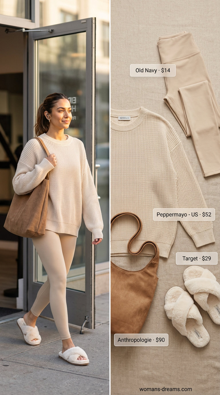 Soft beige butter-soft high-waisted leggings worn with a cream oversized chunky knit sweater and plush slide slippers for a cozy summer legging outfit.