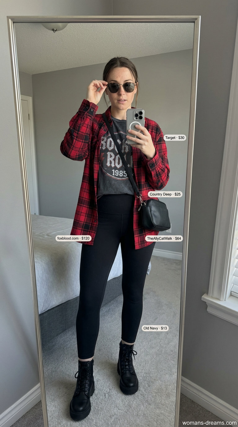 Edgy black matte high-waisted leggings with a distressed band t-shirt, plaid flannel, and combat boots, a cool summer legging outfit.
