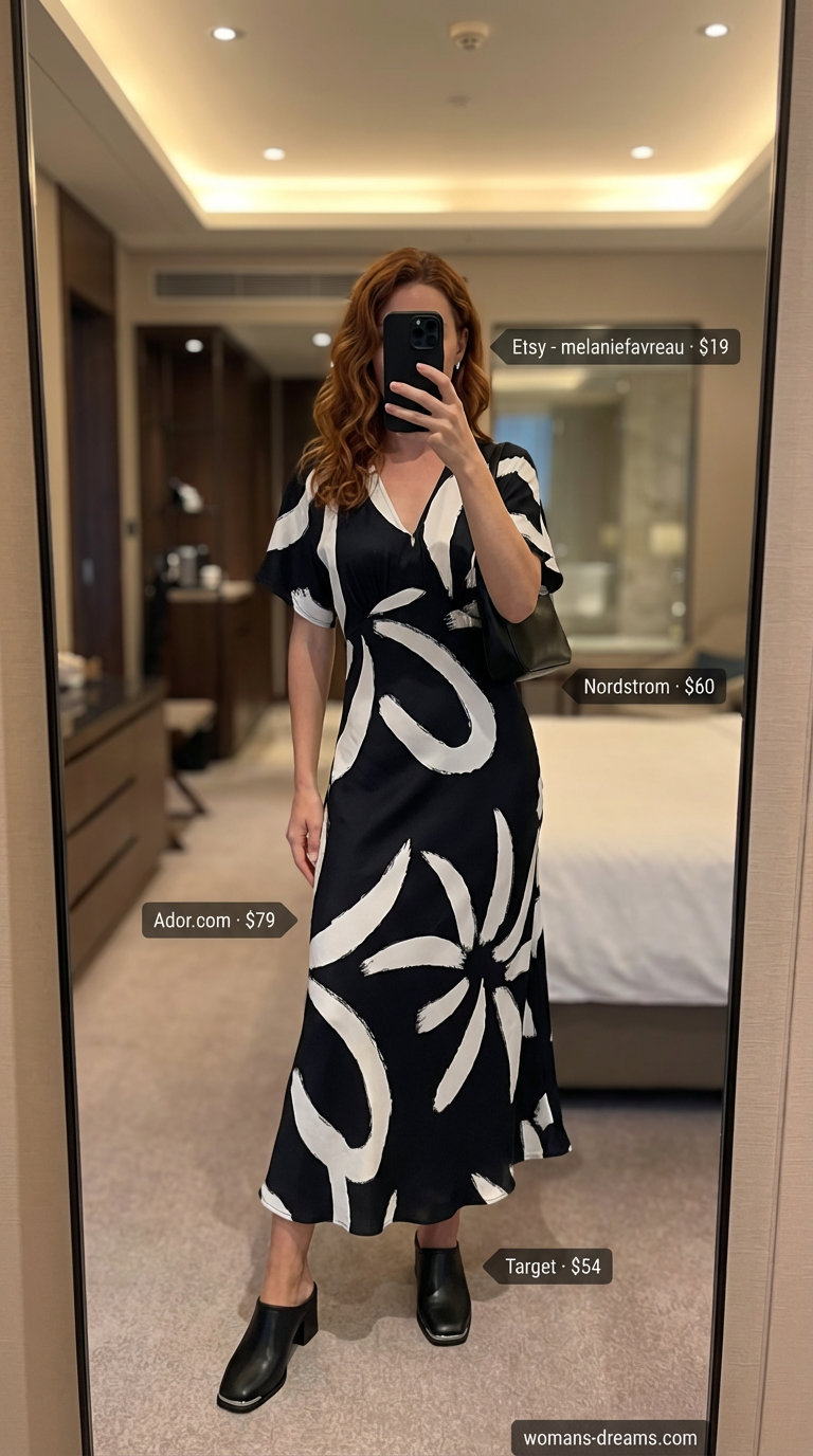 Art Gallery Opening: Abstract Maxi Dress 2026 Abstract print high-neck sleeveless maxi dress, black block heel mules, mini shoulder bag, and silver stud earrings, showcasing summer maxi dresses 2026 for art events.