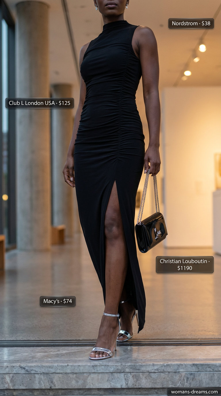 Sophisticated City Soirée: Black High-Neck Maxi 2026 Sleek black high-neck maxi dress with subtle ruching, metallic silver heels, black clutch and silver stud earrings. A prime example of summer maxi dresses 2026 for a soirée.