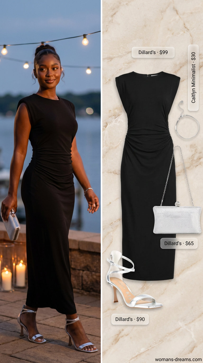 Evening by the Lake: Black Column Maxi Dress 2026 Black jersey knit column maxi dress with one-shoulder neckline, silver clutch, silver heels, and chain bracelet, ideal for summer maxi dresses 2026 evening wear.