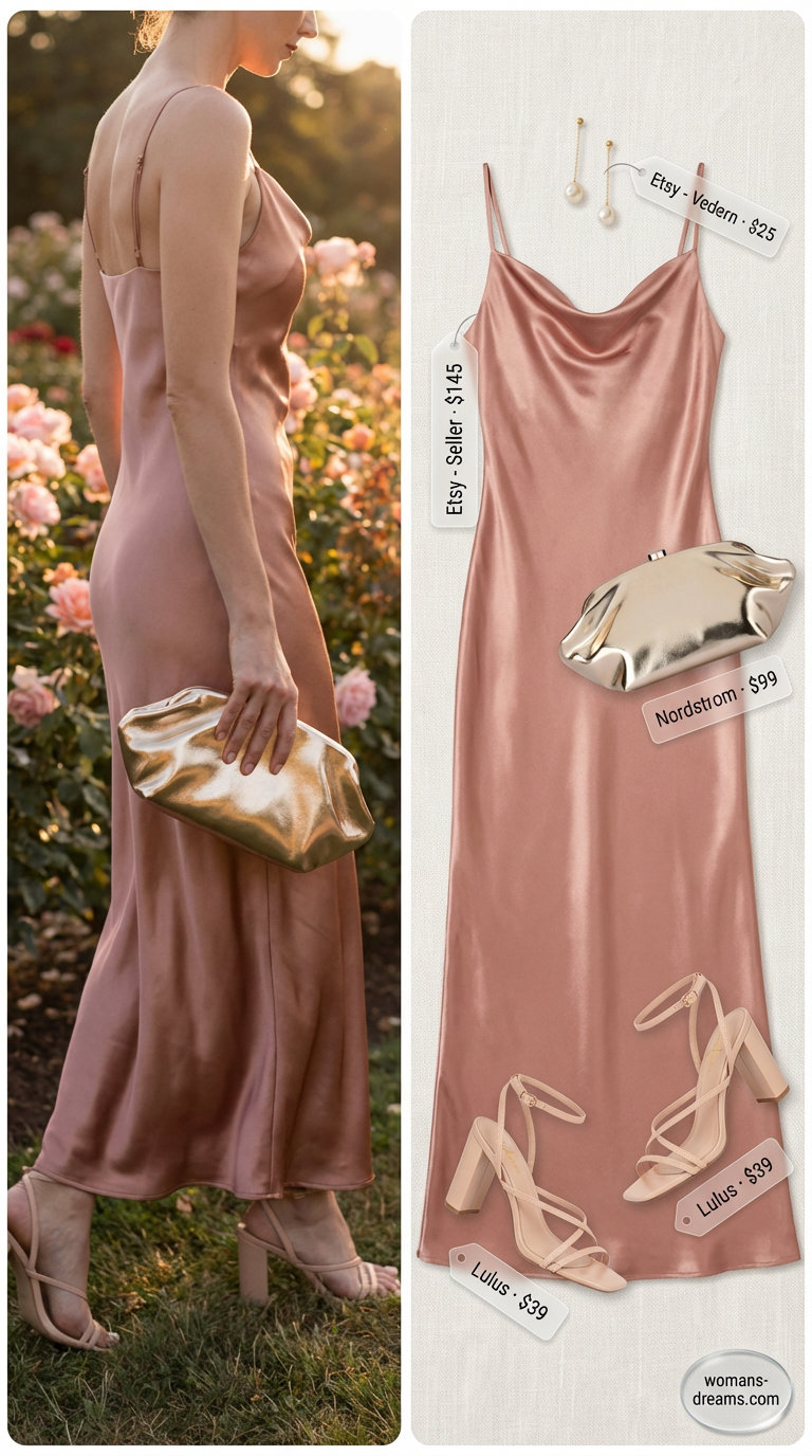Elegant Sunset Dinner Date Summer Maxi Dress 2026 Luxurious blush pink satin slip summer maxi dress 2026 with nude strappy heels, a gold clutch, and pearl earrings for a sunset date.