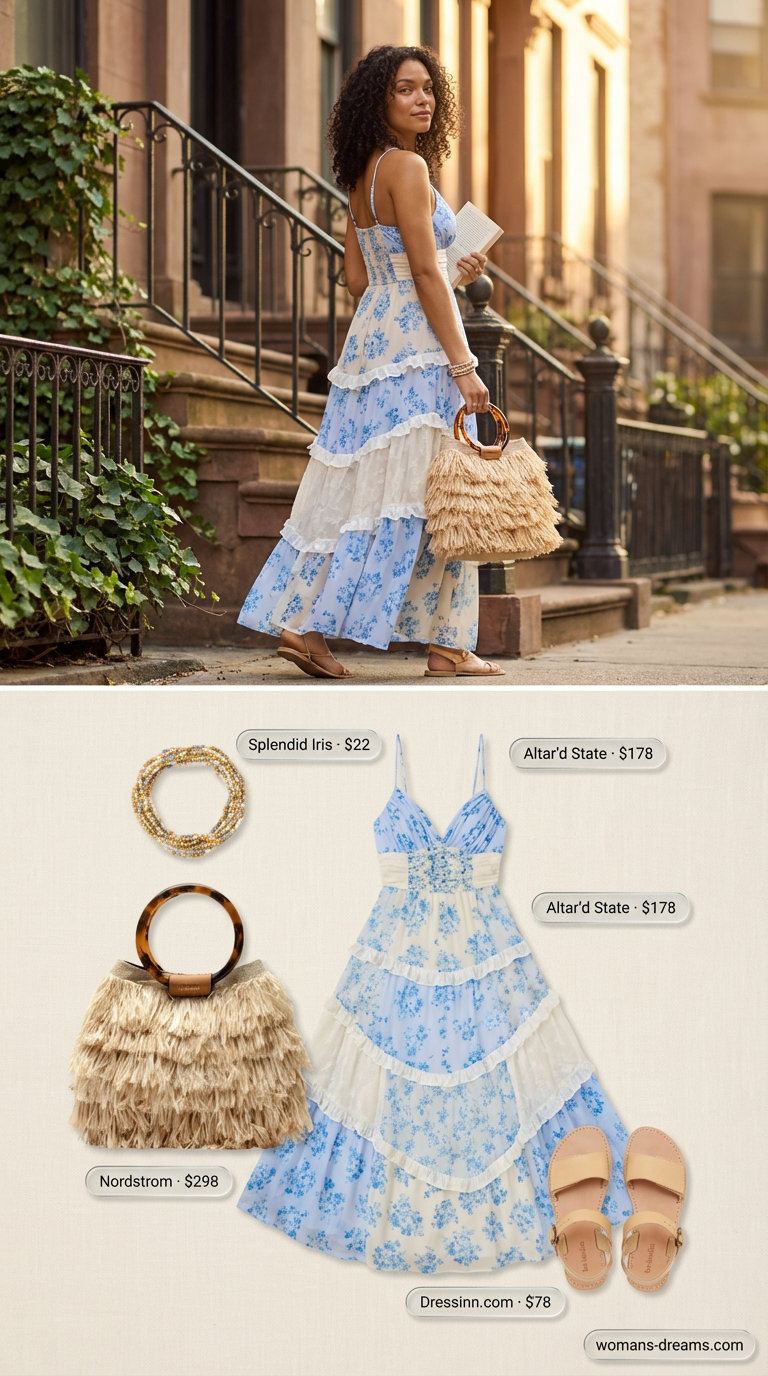 Bohemian Rhapsody: Summer Maxi Dresses 2026 A woman wears a sky blue and cream floral print flowy V-neck summer maxi dress 2026 with a tiered skirt. She's accessorized with tan barefoot-style sandals, a large beige straw woven tote bag, and stacked delicate beaded bracelets, perfect for a beach day or casual brunch.