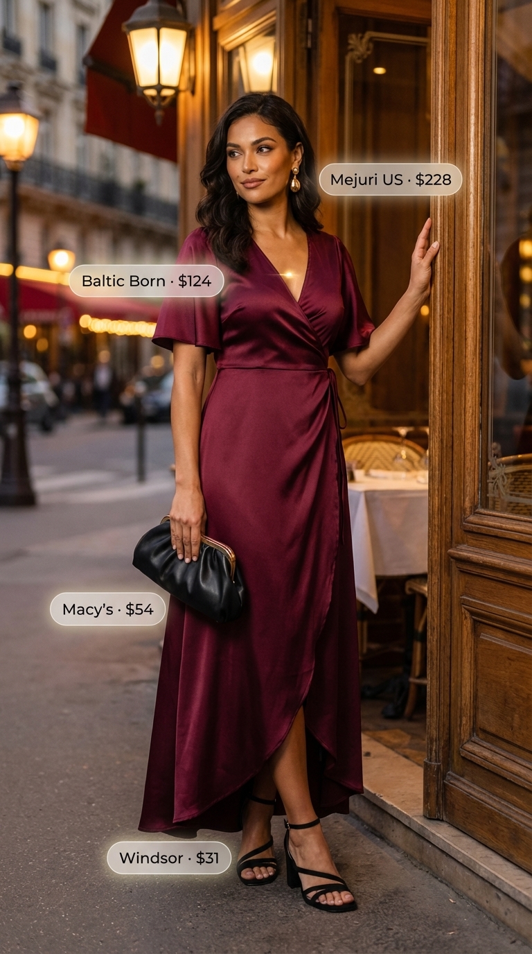 Romantic Riviera Night: Burgundy Maxi Dress 2026 Burgundy satin wrap maxi dress with flutter sleeves, black block heels, small clutch, and gold drop earrings, fitting for summer maxi dresses 2026 romantic styles.