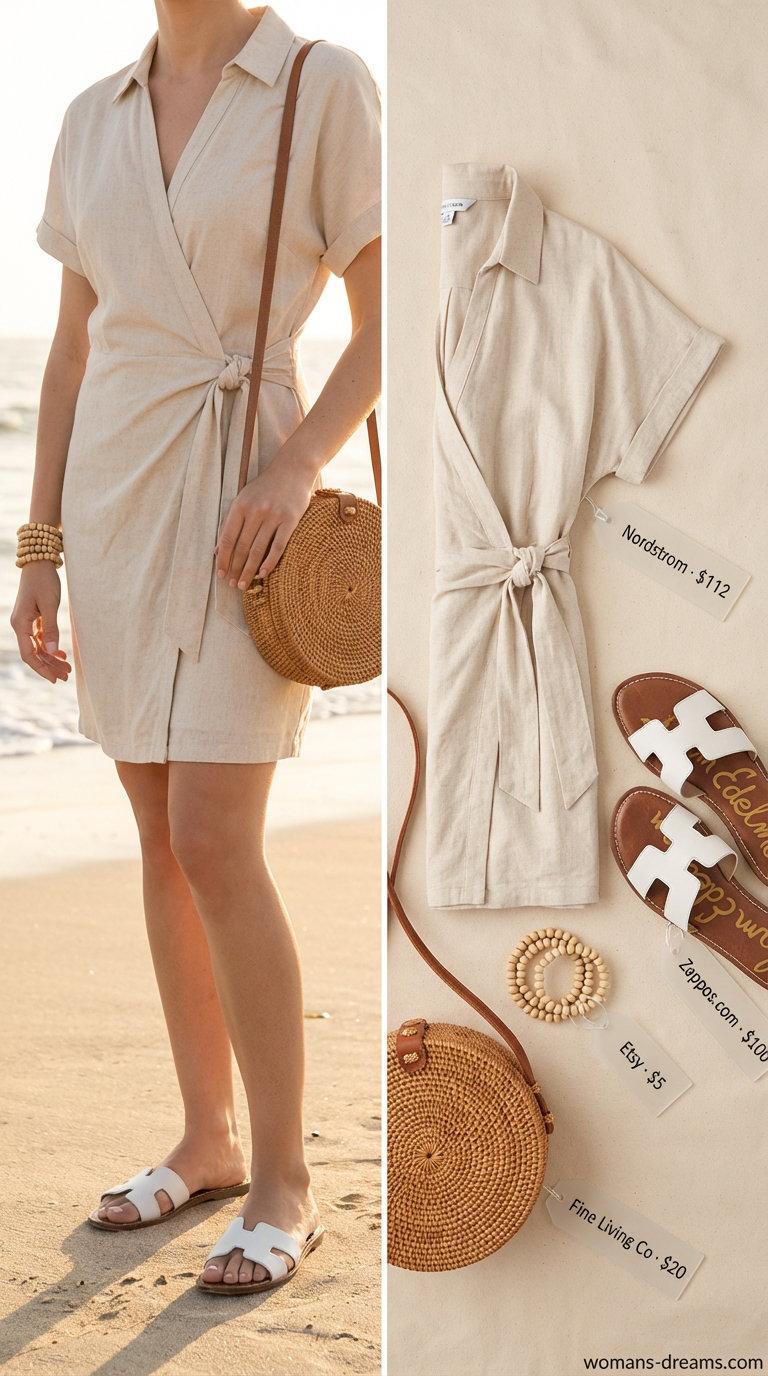 Effortless Coastal Escape: Summer Maxi Dresses 2026 A serene beige linen blend button-front summer maxi shirtdress 2026 with a tie waist, paired with white leather slide sandals, a round wicker crossbody bag, and wooden bead bracelets, ideal for a beach resort or vacation.