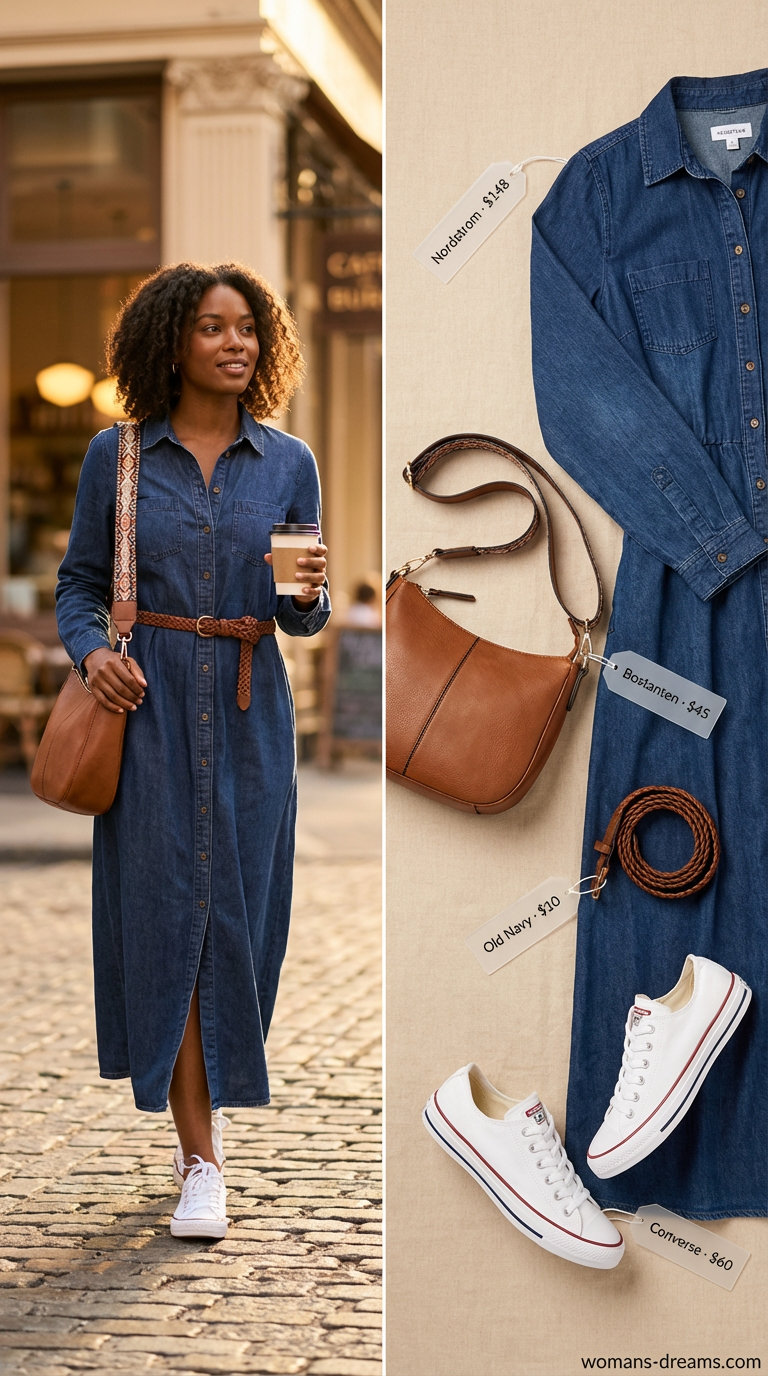 Casual Lakeside Lunch: Denim Maxi Dress 2026 Light wash denim button-front maxi dress, brown crossbody bag, braided belt, and white canvas sneakers, showcasing casual summer maxi dresses 2026.