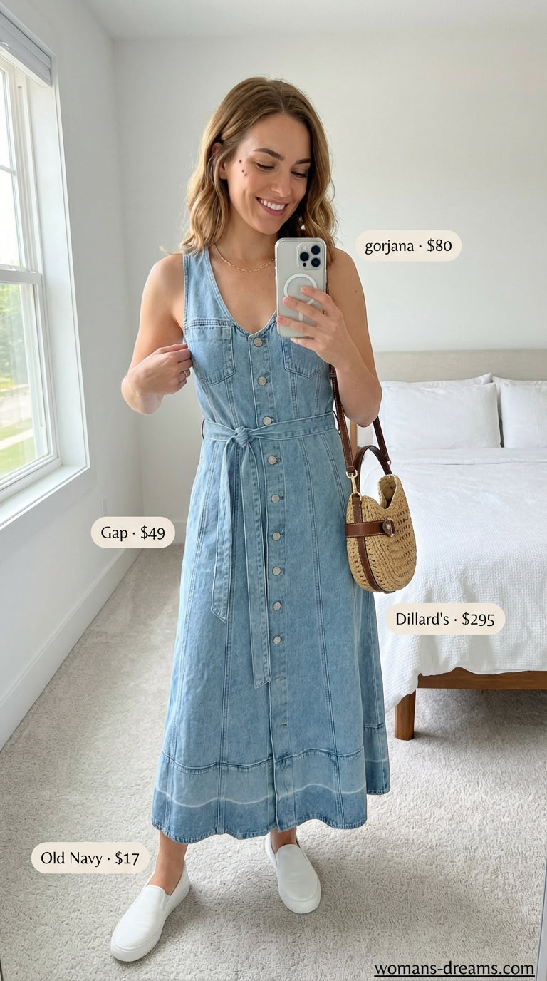 Effortless Brunch Vibe: Summer Maxi Dresses 2026 A woman wears a light wash denim button-front summer maxi dress 2026 with a tie waist, paired with white canvas slip-on sneakers, a small woven straw crossbody bag, and a delicate gold chain necklace, great for brunch.