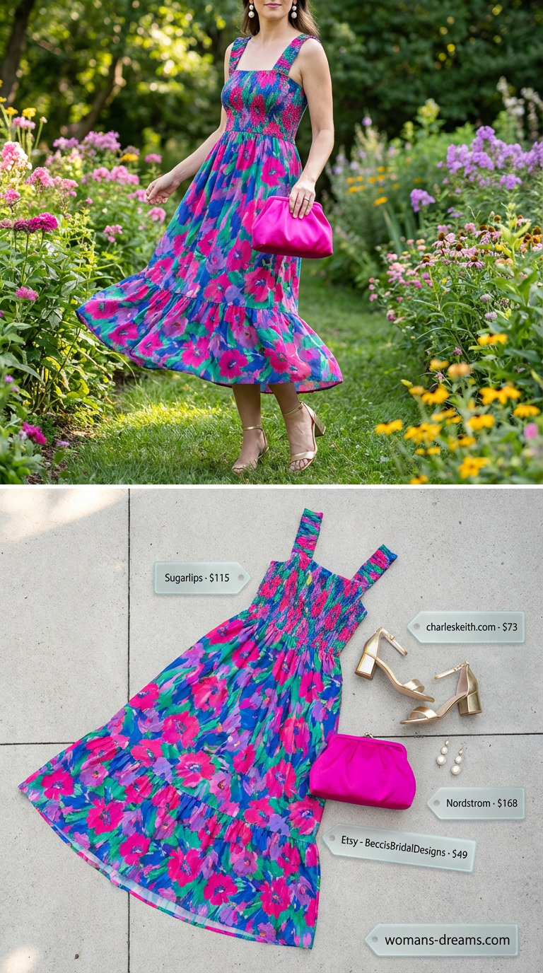 Elegant emerald green and fuchsia abstract print summer maxi dress 2026 with gold block heels and a fuchsia clutch for a garden party.