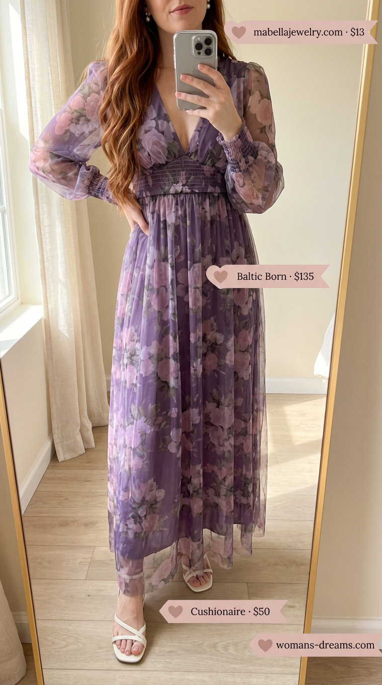 Garden Party Whimsy: Summer Maxi Dresses 2026 A romantic lavender chiffon summer maxi dress 2026 with ruffled sleeves and a smocked bodice, paired with cream block heel sandals, delicate silver stud earrings, and a metallic silver mini shoulder bag, perfect for a garden party or baby shower.