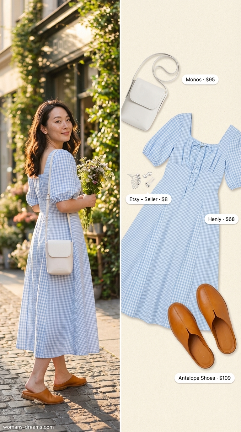 Playful Brunch in Bloom Summer Maxi Dress 2026 Cheerful light blue and white gingham summer maxi dress 2026 with tan leather mules and a white crossbody bag for brunch in bloom.