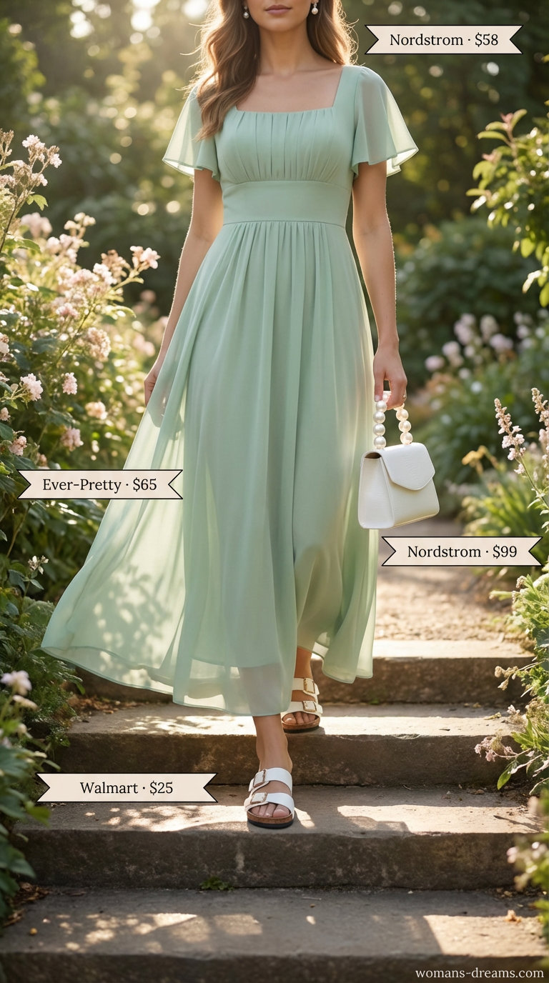 Pastel Dream Brunch Summer Maxi Dress 2026 Sweet mint green crinkle cotton summer maxi dress 2026 with white slide sandals and a pearl embellished bag for a pastel brunch.