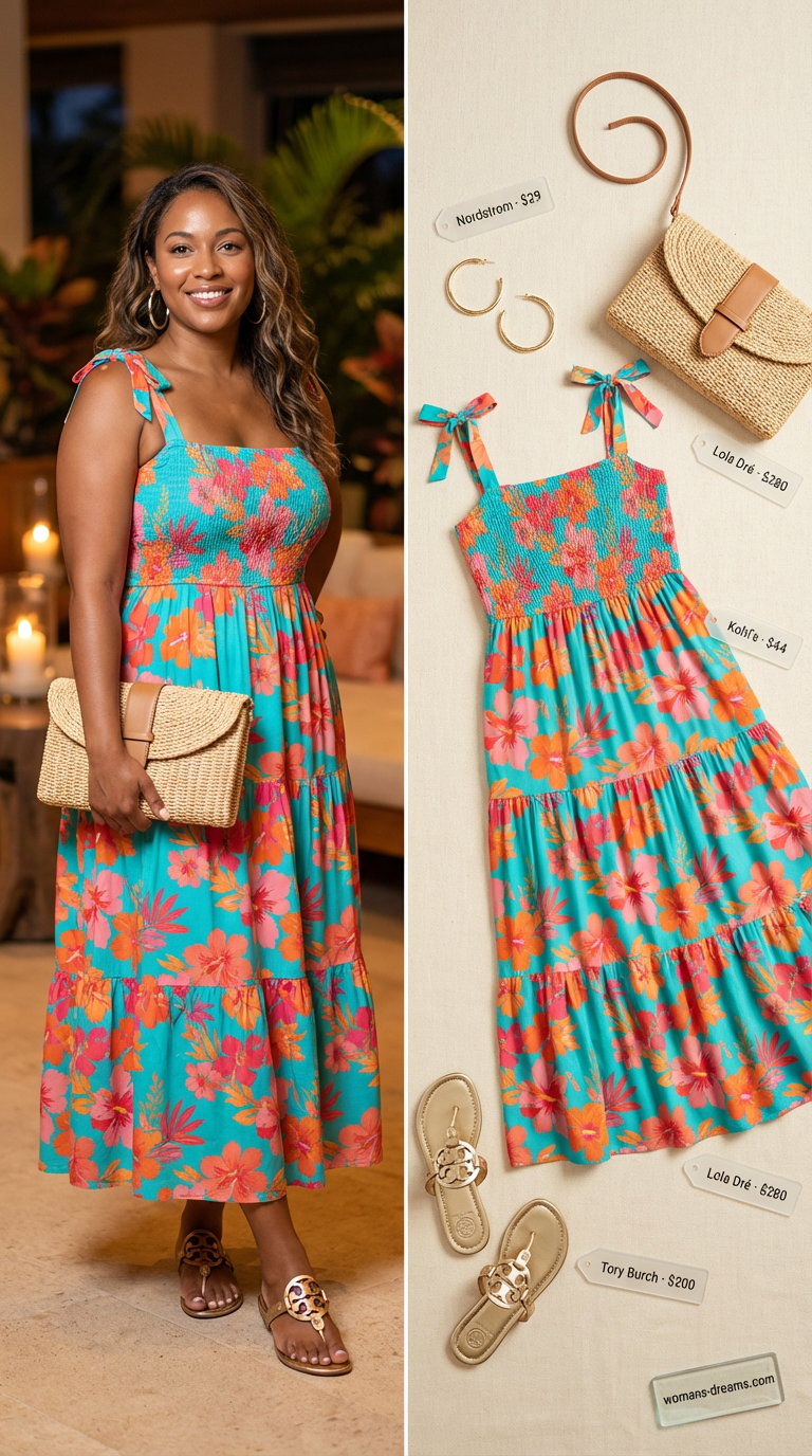 Resort Ready Retreat: Summer Maxi Dresses 2026 A vibrant tropical print halter neckline summer maxi dress 2026 with a tiered skirt in turquoise, orange, and coral, accessorized with gold metallic flat sandals, oversized hoop earrings, and a woven straw clutch, perfect for resort wear.