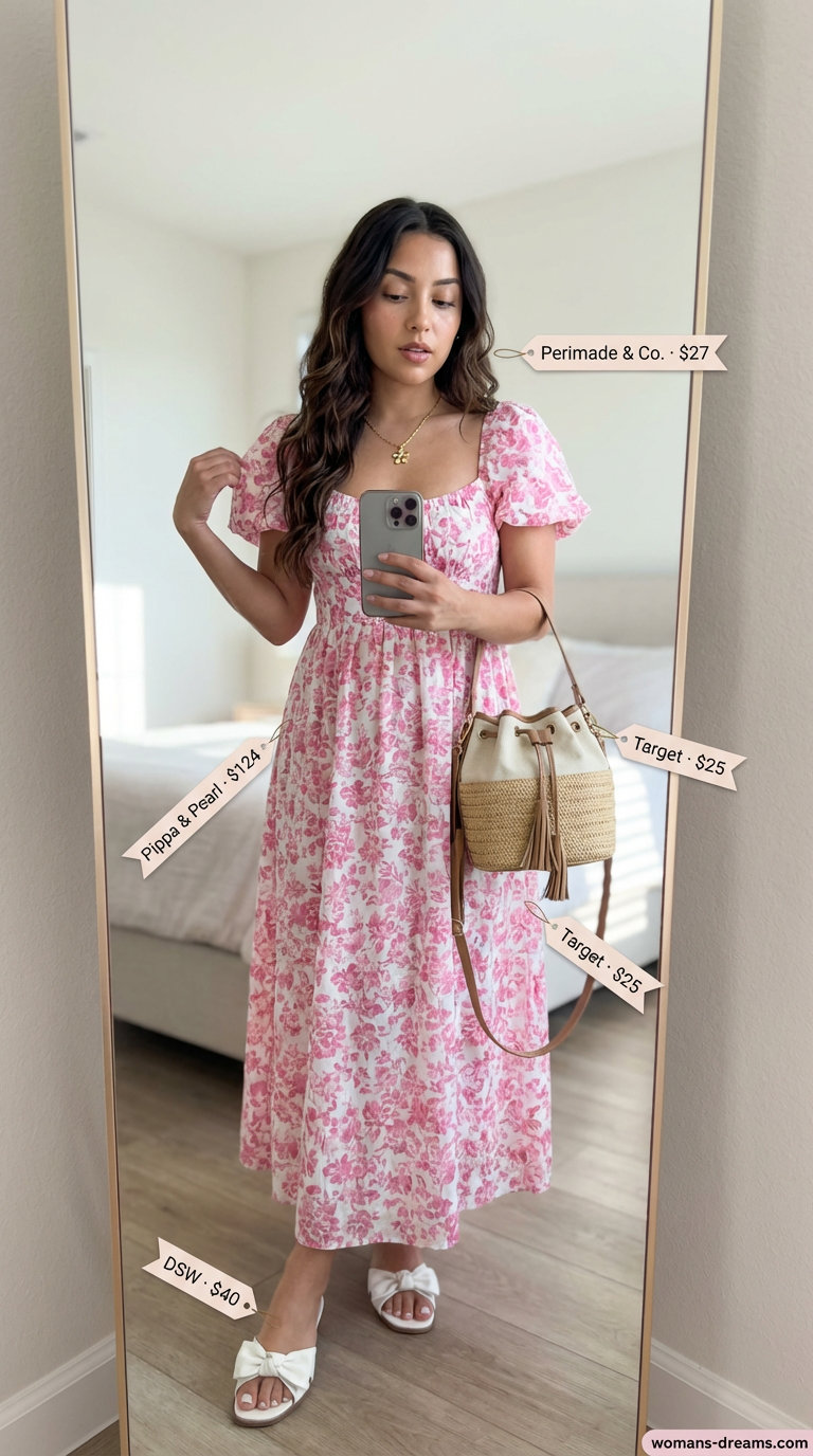 Romantic Riverside Picnic Summer Maxi Dress 2026 Romantic soft pink floral print summer maxi dress 2026 with white slides, wicker bag, and delicate gold necklace for a riverside picnic.