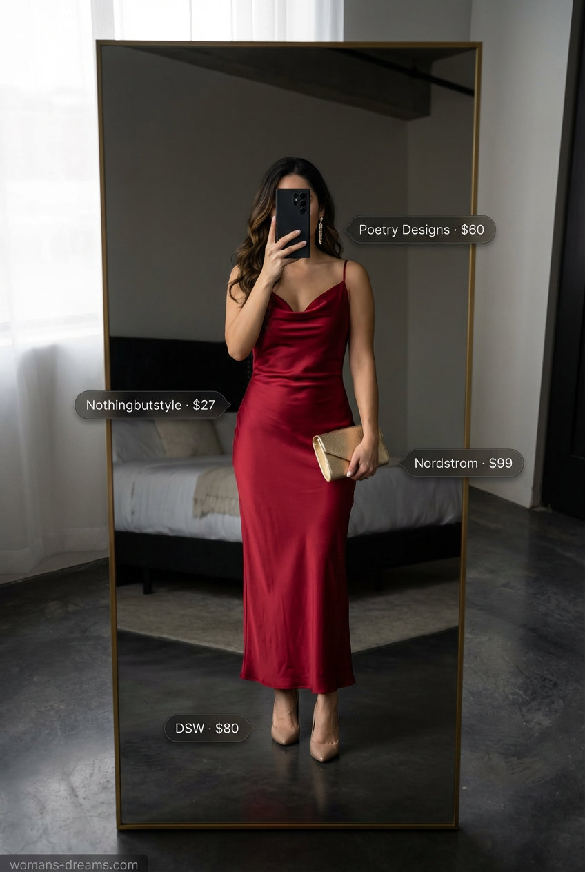 Glamorous Sunset Date Summer Maxi Dress 2026 Glamorous ruby red satin slip summer maxi dress 2026 with metallic nude stilettos, a gold clutch, and crystal drop earrings for a sunset date.
