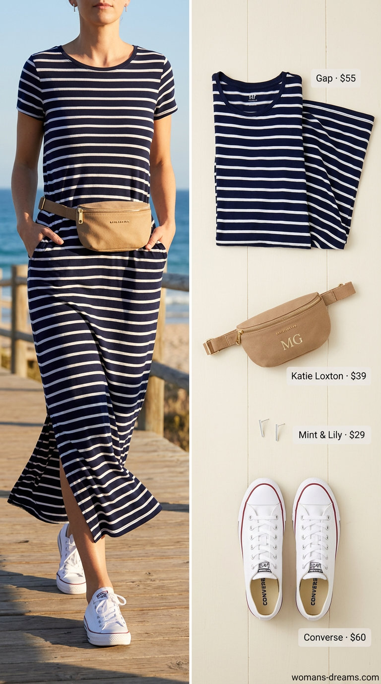 Comfy Weekend Wanderer Summer Maxi Dress 2026 Playful navy and white striped cotton jersey summer maxi dress 2026 with white sneakers, a tan belt bag, and stud earrings for weekend errands.